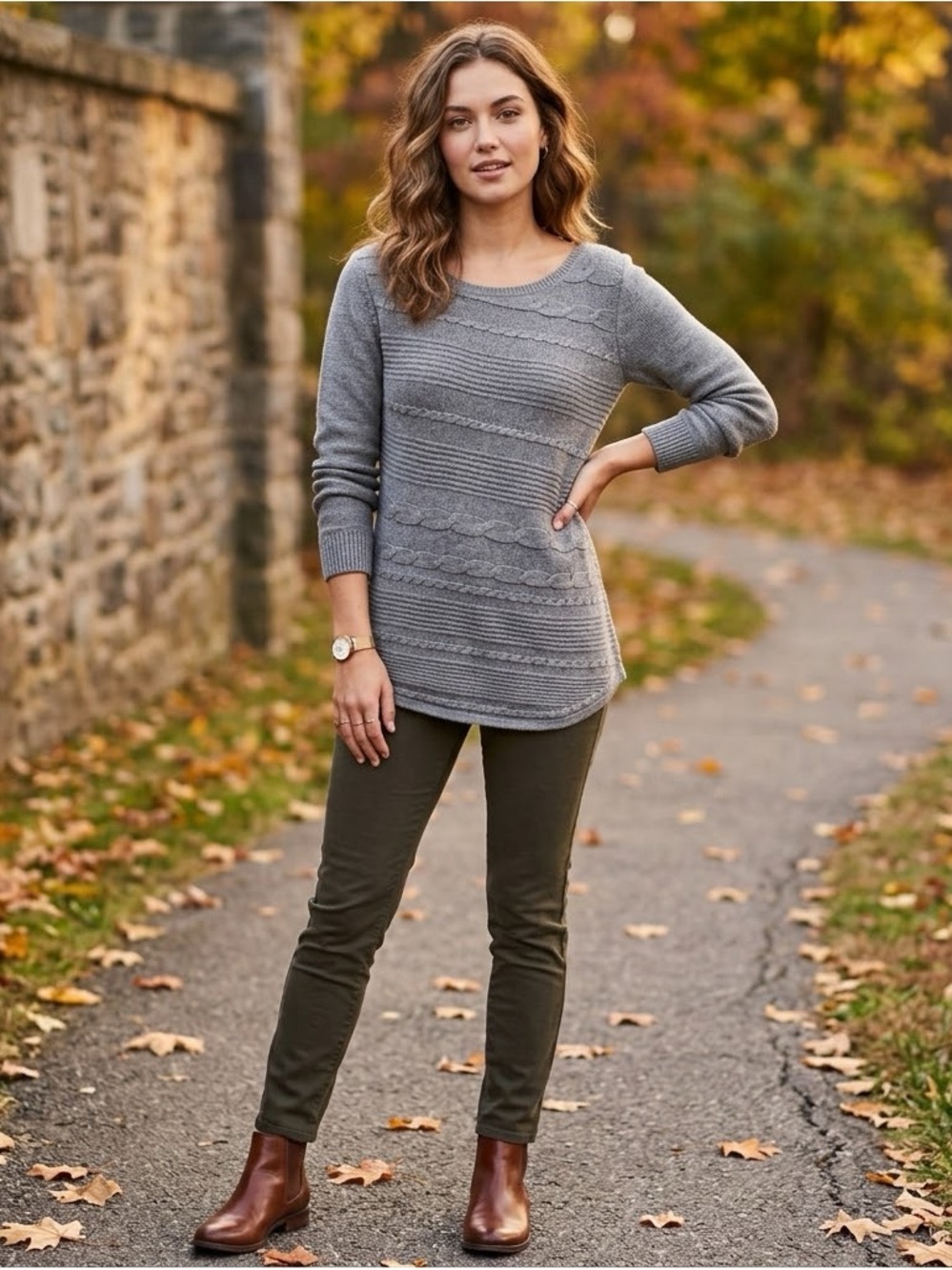 Grey Textured Cable Knit Long Sleeve Pullover Sweater Boatneck Tunic